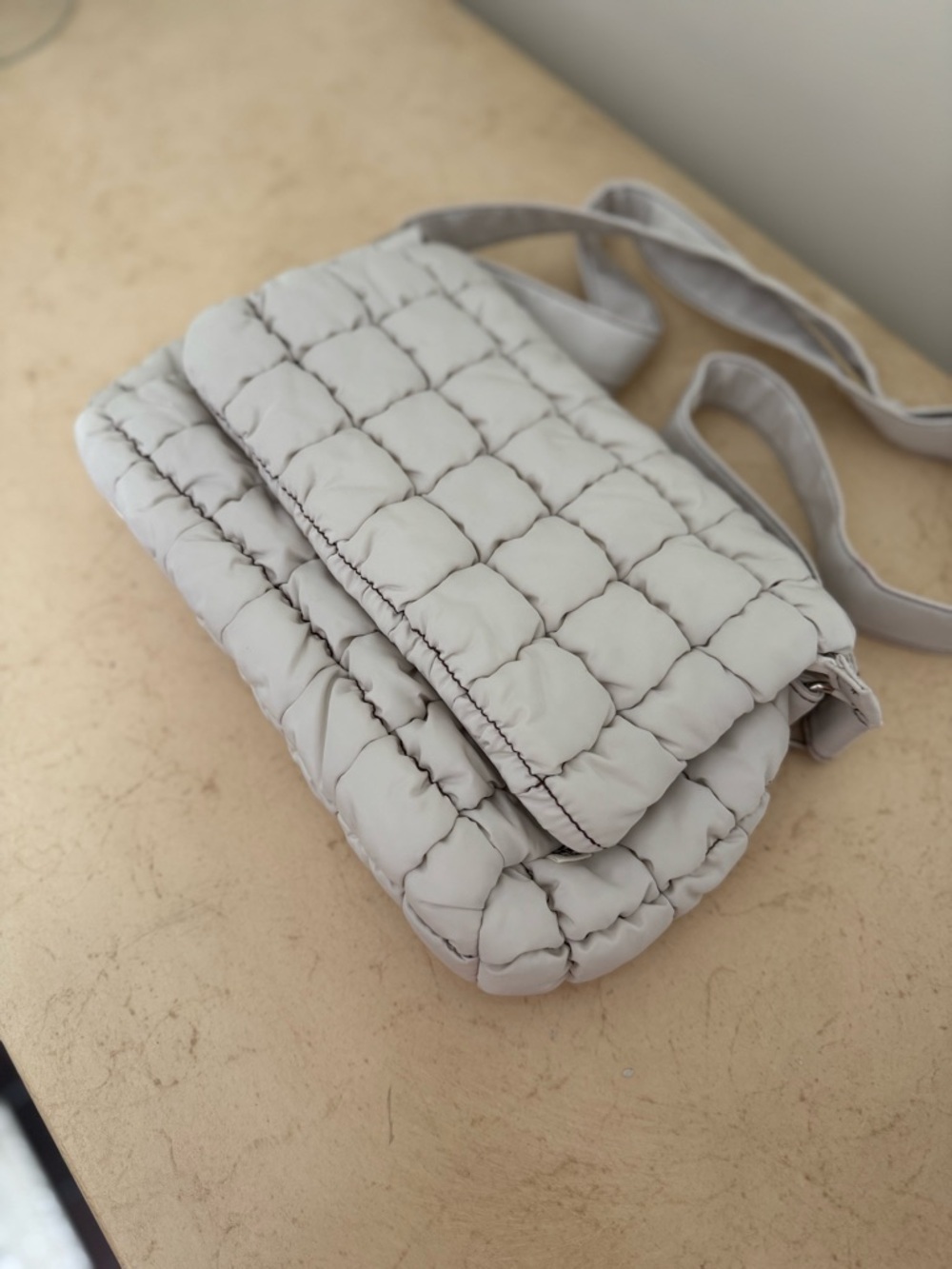 Padded Quilted Crossbody Bag in Cream with Adjustable Strap